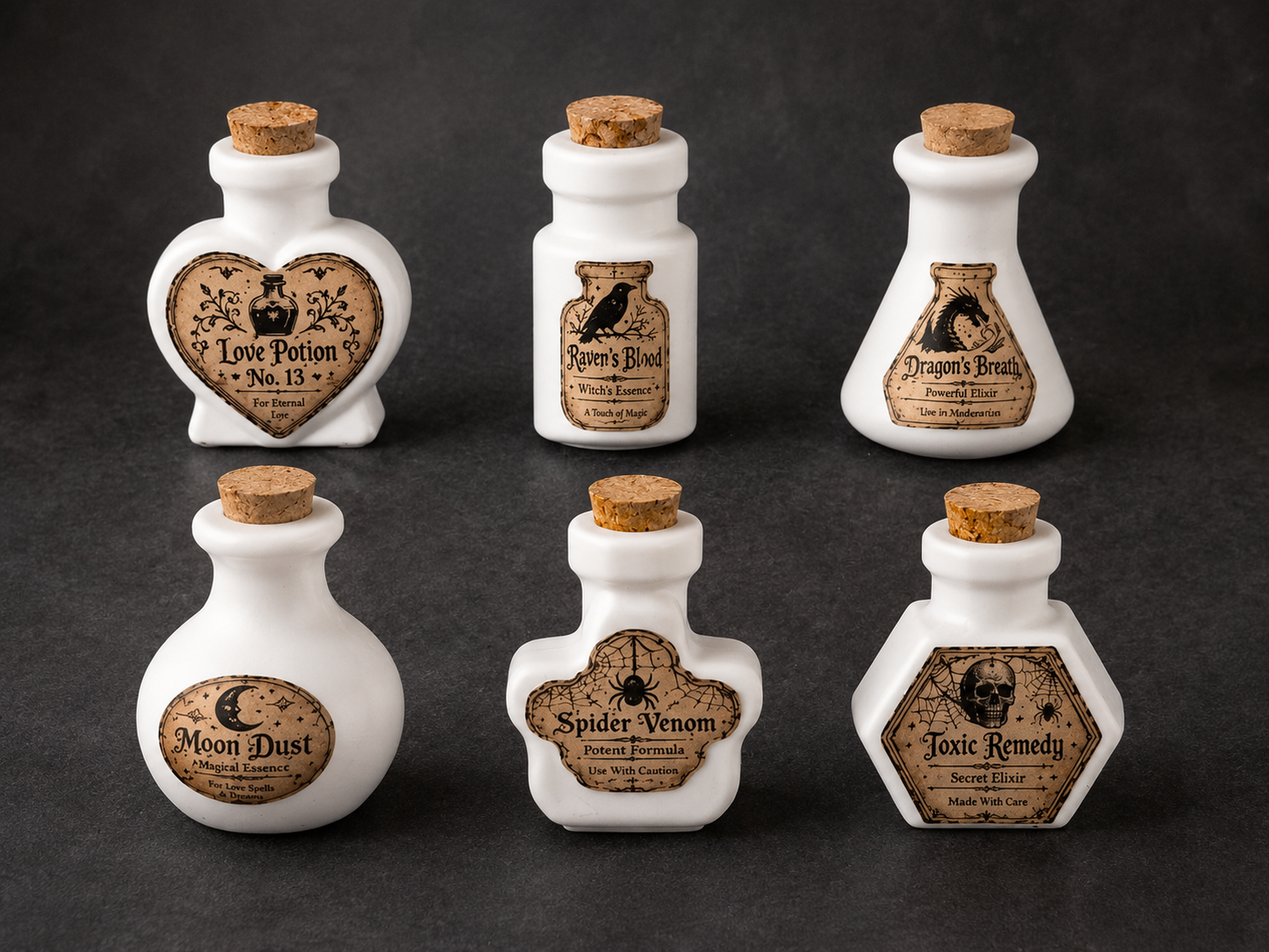 Halloween Potion Bottles – Set of 6 Handmade Apothecary Decorations