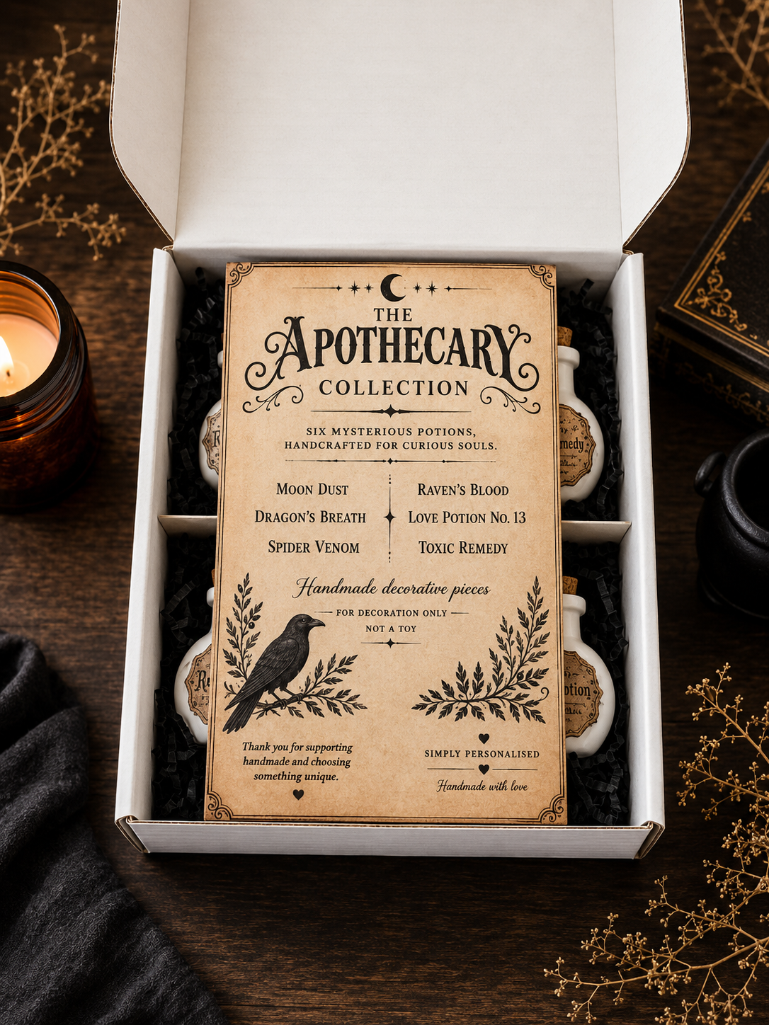 Halloween Potion Bottles – Set of 6 Handmade Apothecary Decorations