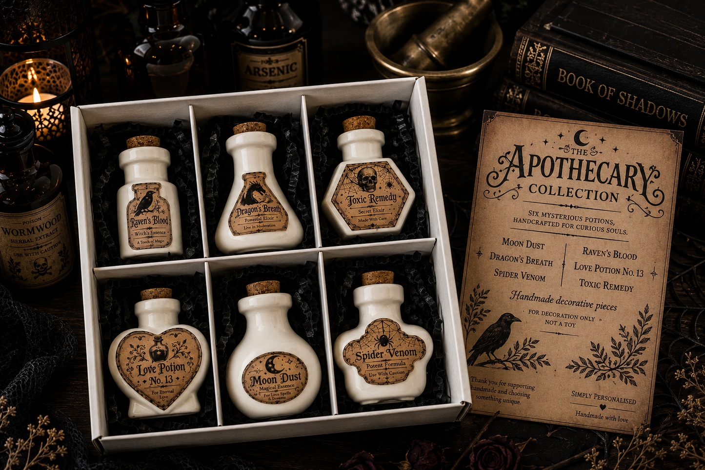 Halloween Potion Bottles – Set of 6 Handmade Apothecary Decorations