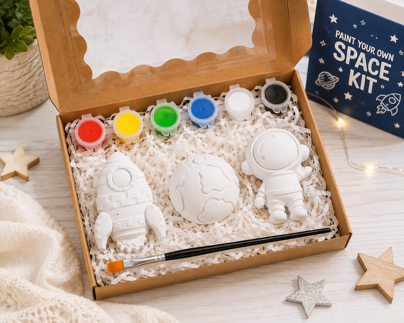 Paint Your Own Space Craft Kit – 3 Hand-Cast Decorations & 6 Paints