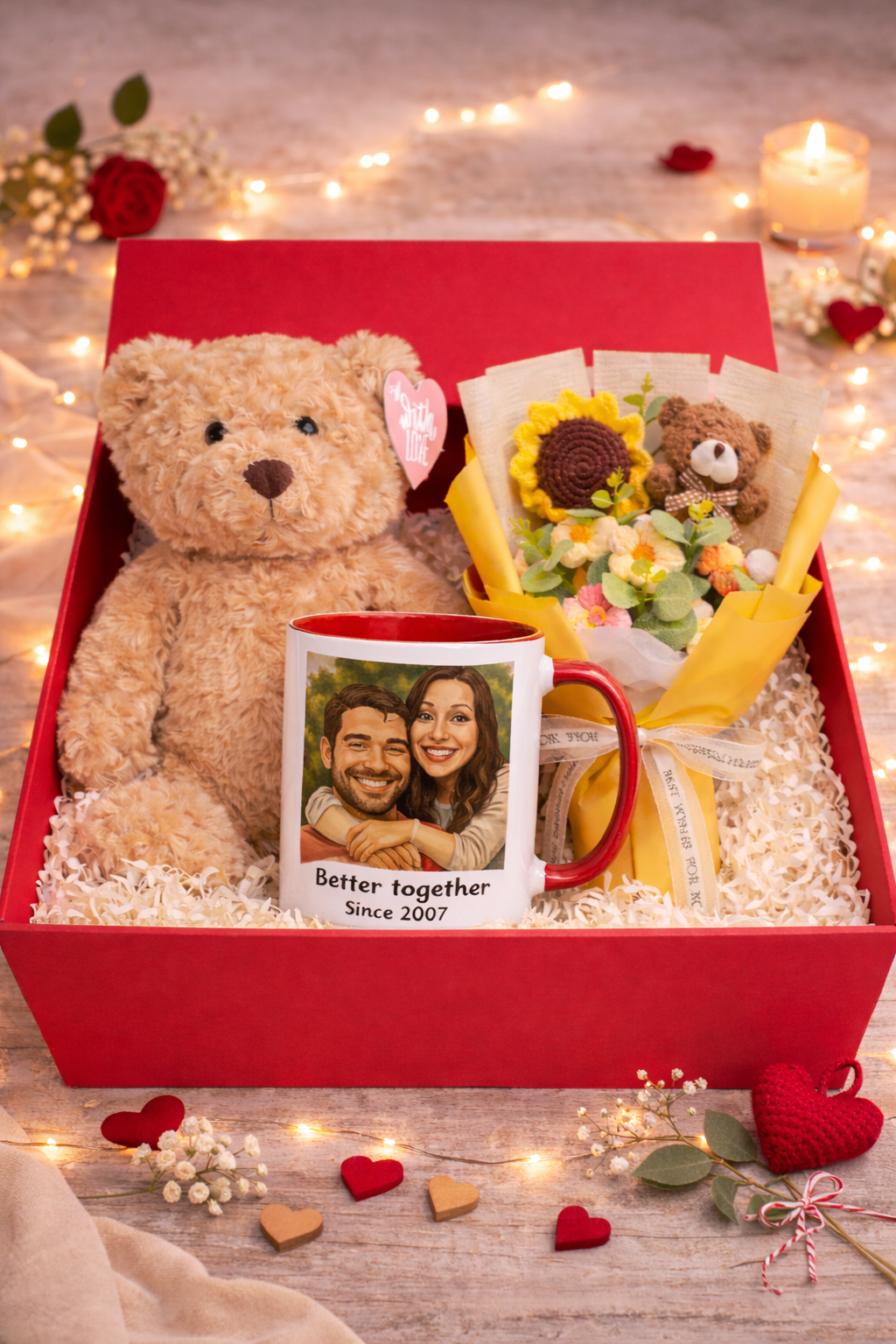Personalised Romantic Gift Box – Teddy Bear, Custom Mug & Crochet