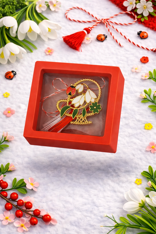 Martisor in Red Floating Gift Box 7x7 cm –  Spring Gift Brooch