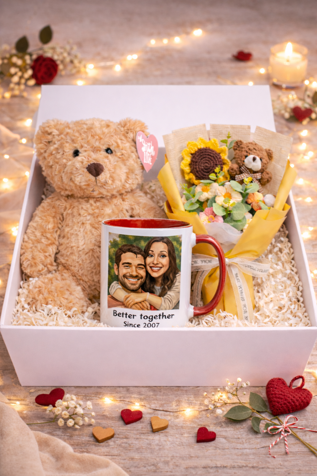 Personalised Romantic Gift Box – Teddy Bear, Custom Mug & Crochet