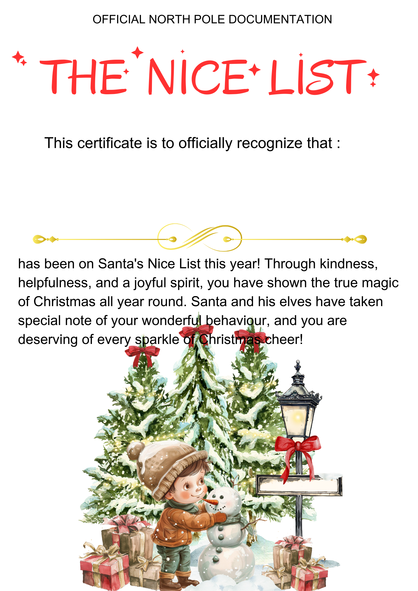 Official Santa's Nice List Certificate.Boy and Snowman.