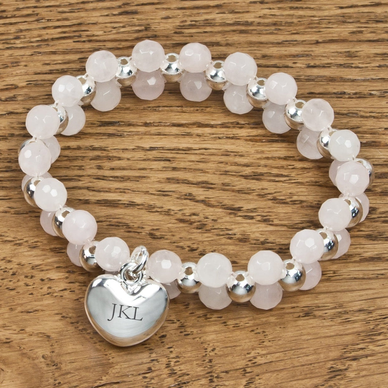 Personalised Rose Quartz and Silver Heart Beaded Bracelet