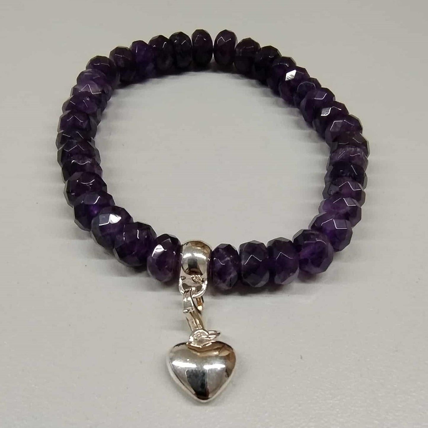 Amethyst Beaded Bracelet with Sterling Silver Heart Charm