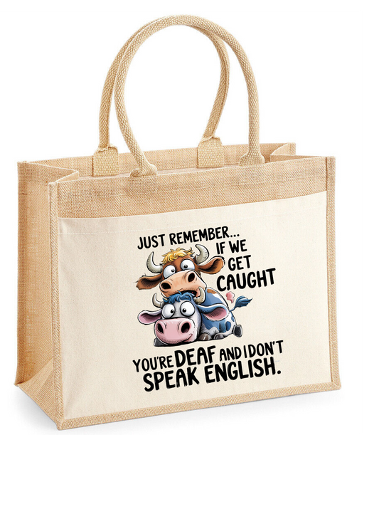 Funny  Print Jute Bag – Eco-Friendly Reusable Tote with White Front Pocket .