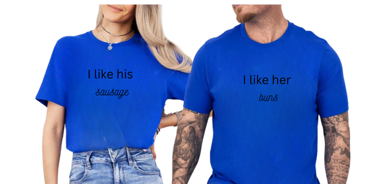 Couple matching t-shirts.Sizzling Sausage & Buns Duo