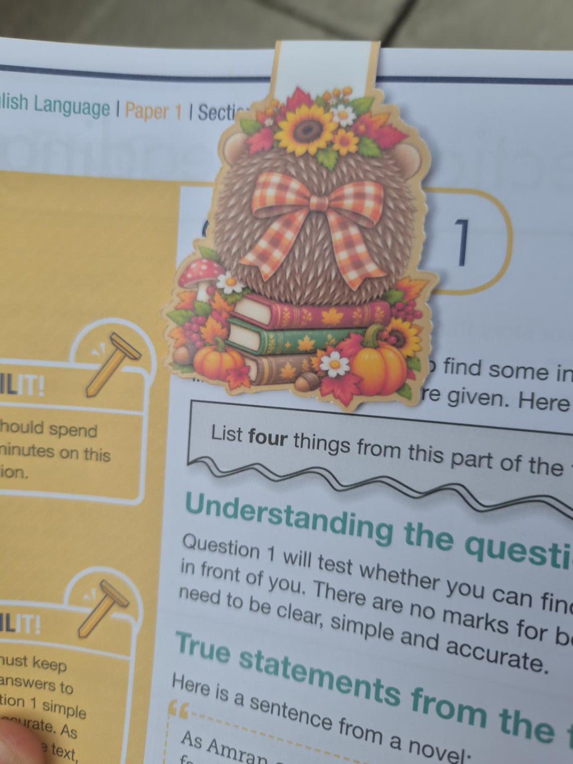 Back of autumn hedgehog magnetic bookmark with bow, flowers, pumpkins and books
