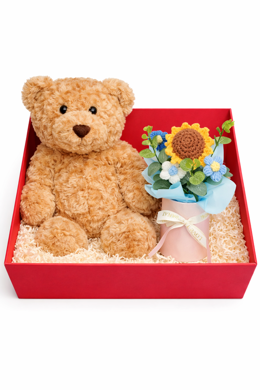 Teddy Bear & Sunflower Crochet Flower Bouquet Gift –in Luxury Magnetic Box