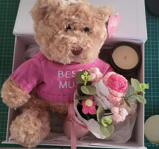 Personalised Mother's Day Gift Box – Teddy Bear, Crocheted Flower & Scented Candle