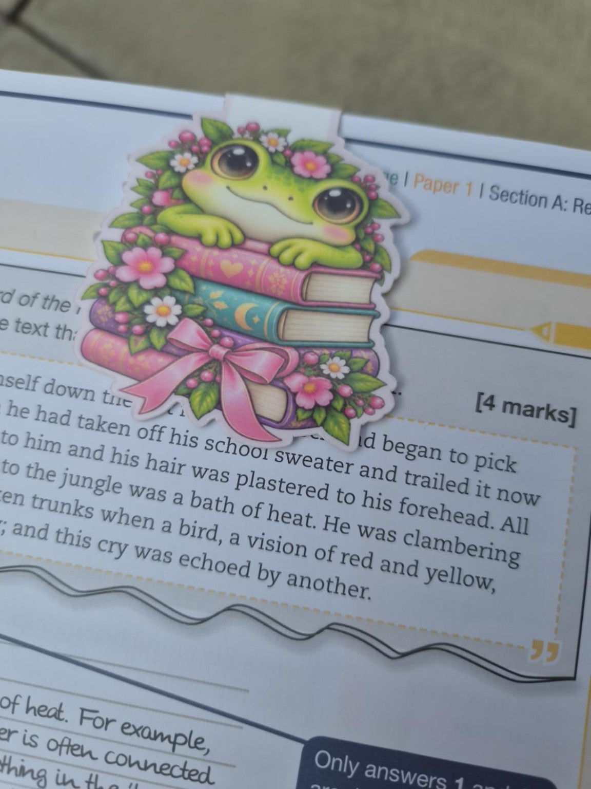 Cute floral frog magnetic bookmark sitting on colourful books