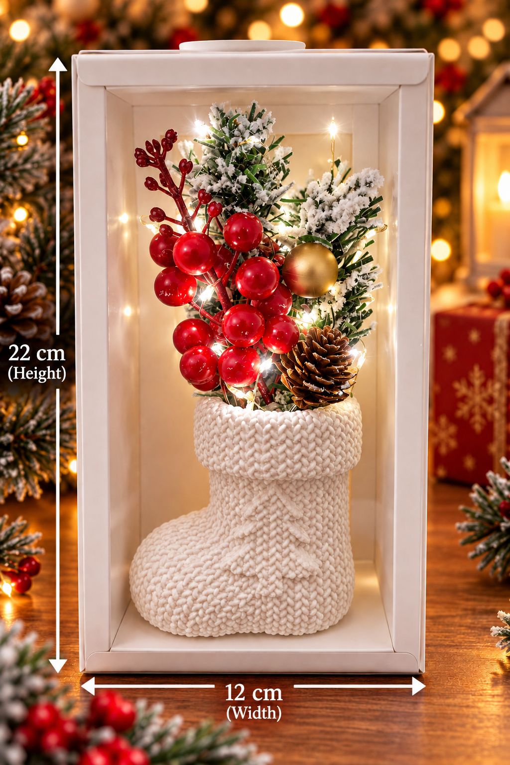 Hand-cast plaster Christmas boot LED decoration gift box measuring 22 cm high and 12 cm wide