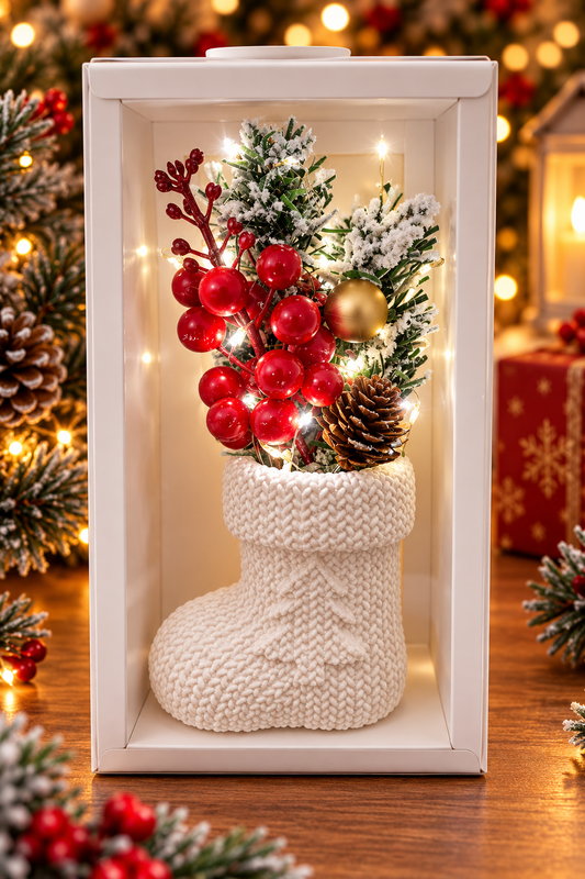 Hand-cast white plaster Christmas boot with knitted-effect texture, festive foliage and LED lights in gift box
