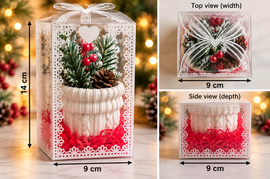 Hand-cast white plaster Christmas planter in gift box measuring 14 cm high, 9 cm wide and 9 cm deep
