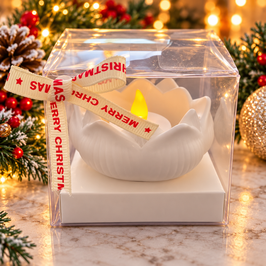 Hand-cast white plaster lotus LED tealight holder in clear Christmas gift box
