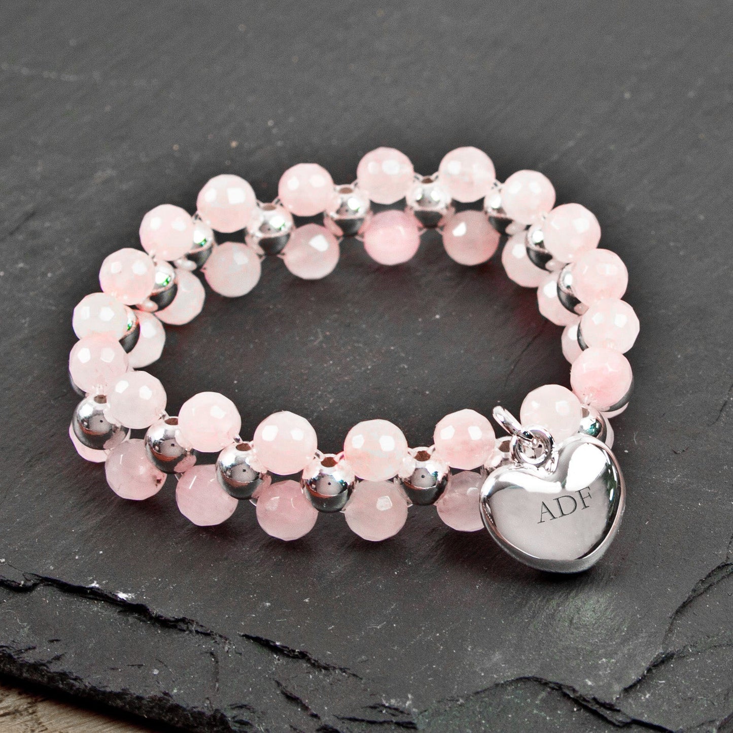 Personalised Rose Quartz and Silver Heart Beaded Bracelet
